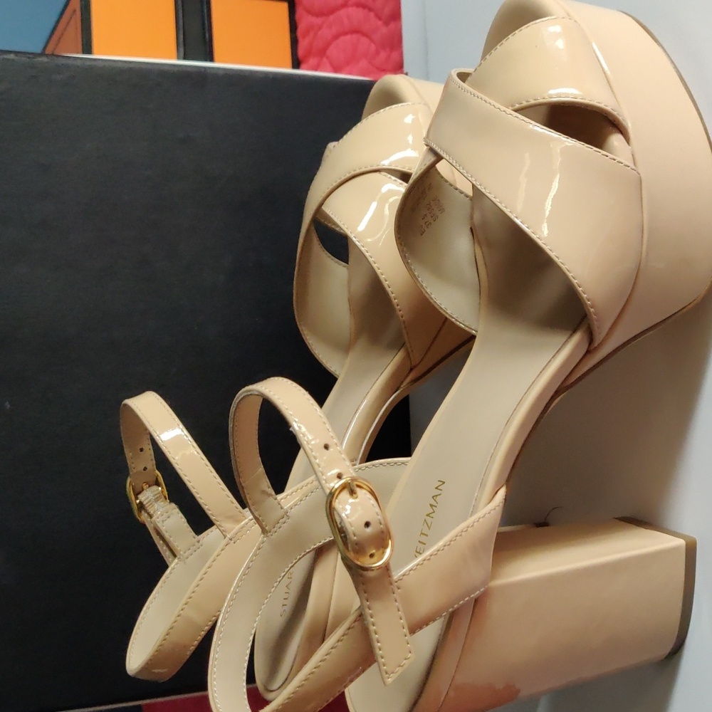 Stuart Weitzman Nude Platform Block Heel Sandals 7